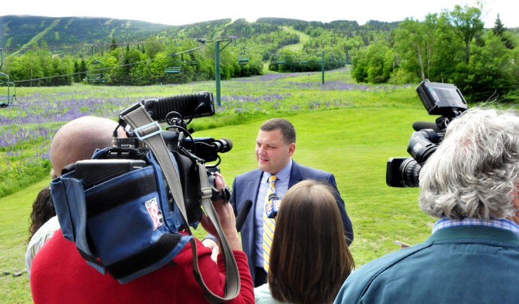Sebastian Monsour of the Majella Group speaks with Saddleback Mountain in the background after the company agreed to purchase the ski resort in 2017.