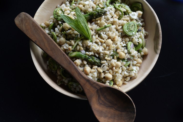 It’s probably too late in the season to find fiddleheads for this Barley-Fiddlehead-Asparagus salad, but you can look in your fridge or garden and substitute whatever vegetable or herbs are near at hand.