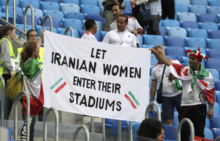 Banner in support of Iranian women seen at the match between Morocco and Iran at the 2018 soccer World Cup in St. Petersburg.