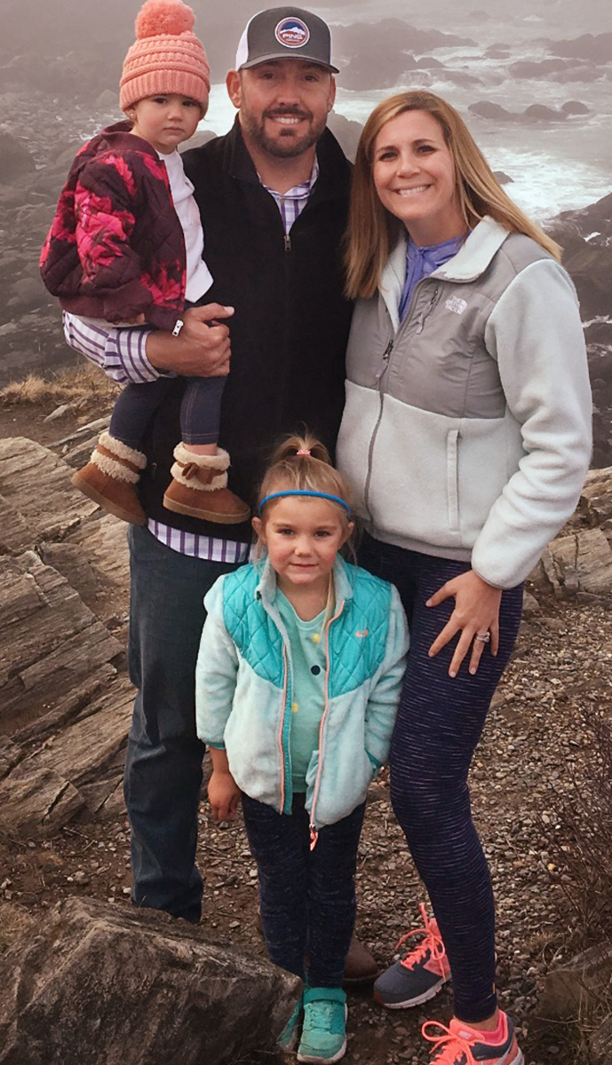 Luke Montz, a first-year coach with the Portland Sea Dogs, relishes in-season visits from from his wife, Kerry, and two daughters, Camdyn, front, and Maysn.