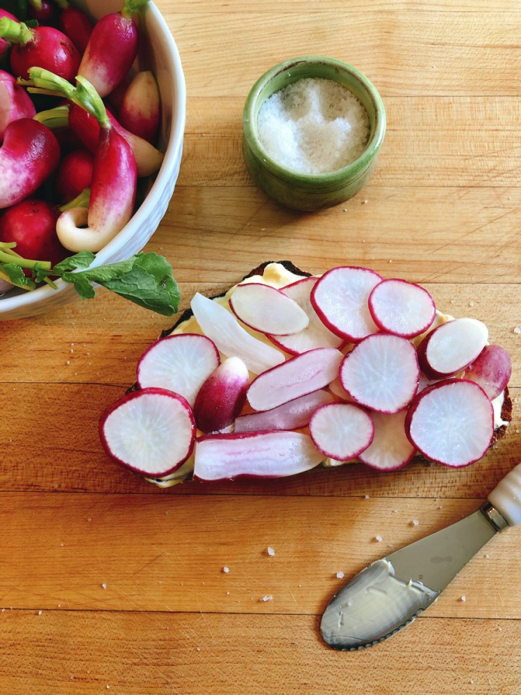 A radish tartine is not a complicated dish. It is simply the French name for open-faced sandwich.