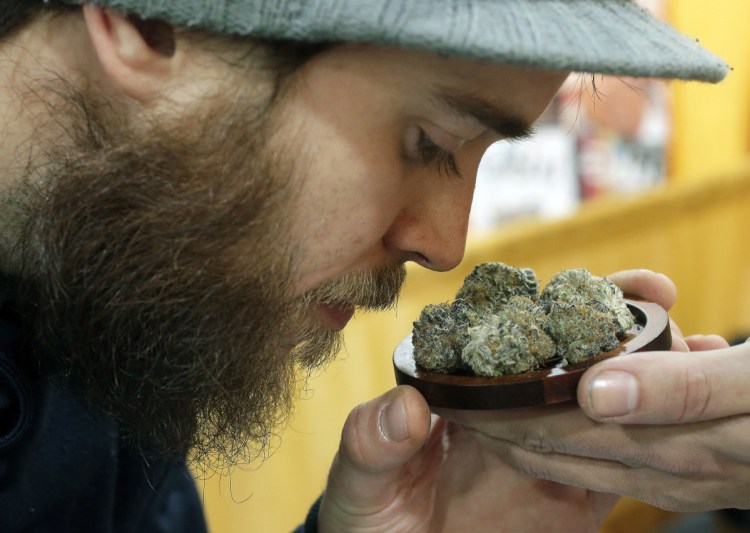 Julian Clark of Westerly, R.I., smells a strain of marijuana flowers at a trade show in Worcester, Mass. Maine, Vermont and Massachusetts have legalized recreational marijuana, but there is still no place to buy pot legally in the region. 