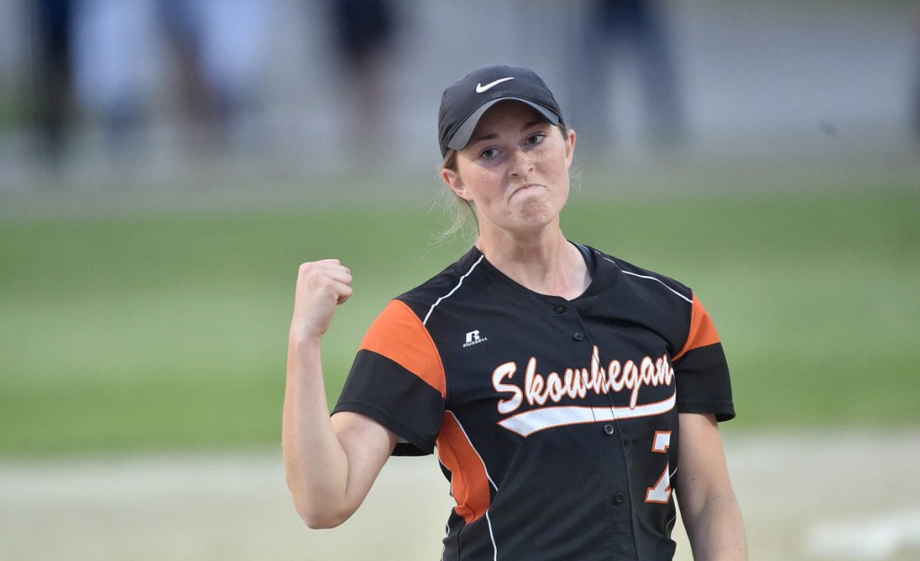 Skowhegan pitcher Ashley Alward celebrates after beating Oxford Hills in the Class North championship game last season at Cony High School in Augusta. Skowhegan went undefeated this season and is the No. 1 seed.