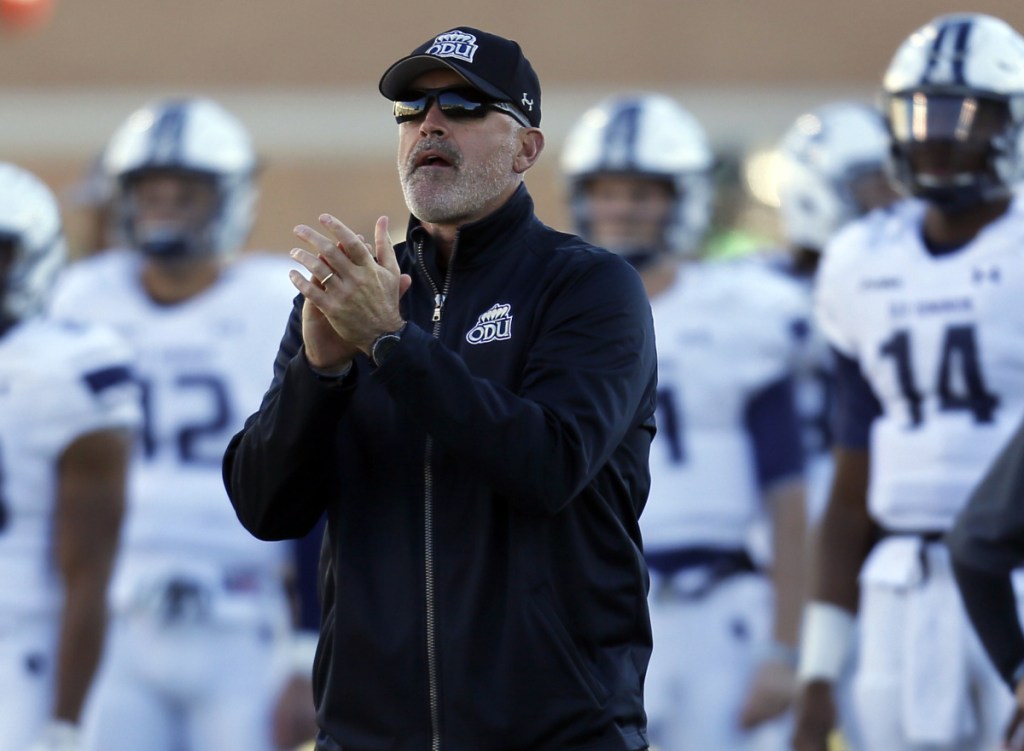 Old Dominion football coach Bobby Wilder watches from the sidelines of a Sept. 23 game against Virginia Tech. Wilder will be inducted into the Maine Sports Hall of Fame on Sunday.