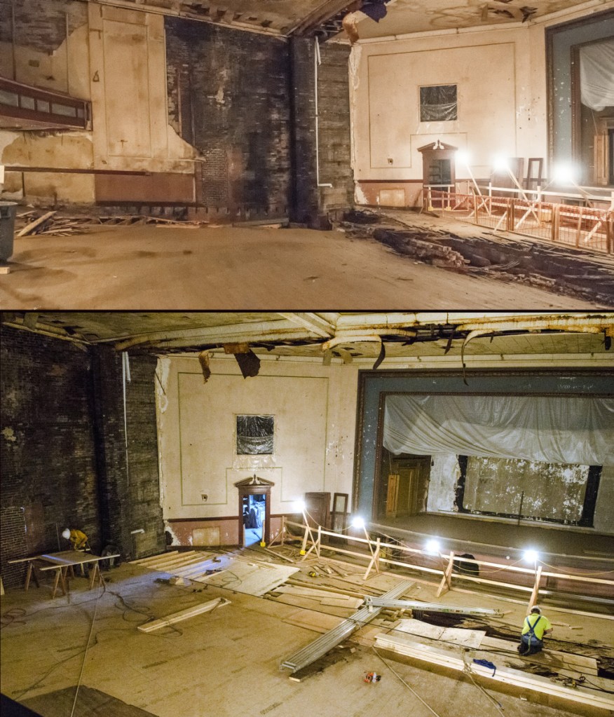 The top photo taken on Nov. 8, 2017, shows the inside of the Colonial Theatre in Augusta. The bottom photo taken on Tuesday shows floor repairs underway.