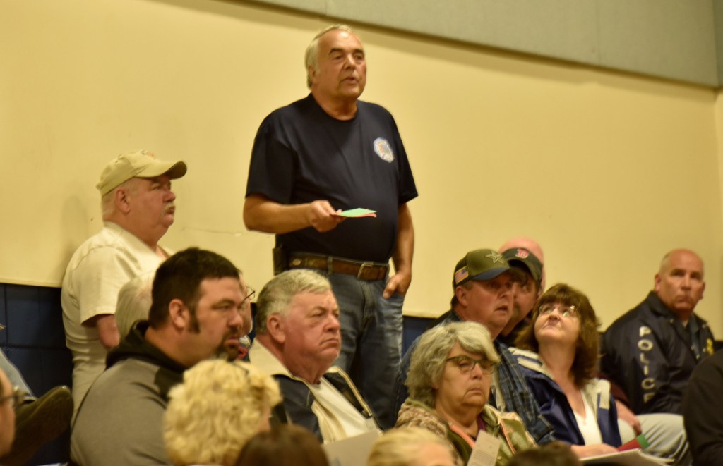Vassalboro resident Mike Vashon makes a point Monday during the Vassalboro Town Meeting.