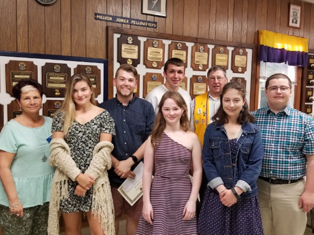 The Whitefield Lions Club has awarded six scholarships to the following local students, in front, from left, are Club president Lion Cindy Lincoln, Morgan Emond, Basal White, Samantha Jackson, Emma Allen and Madison Allen, Back, from left, are Harrison Mosher and Lion Barry Tibbetts.
