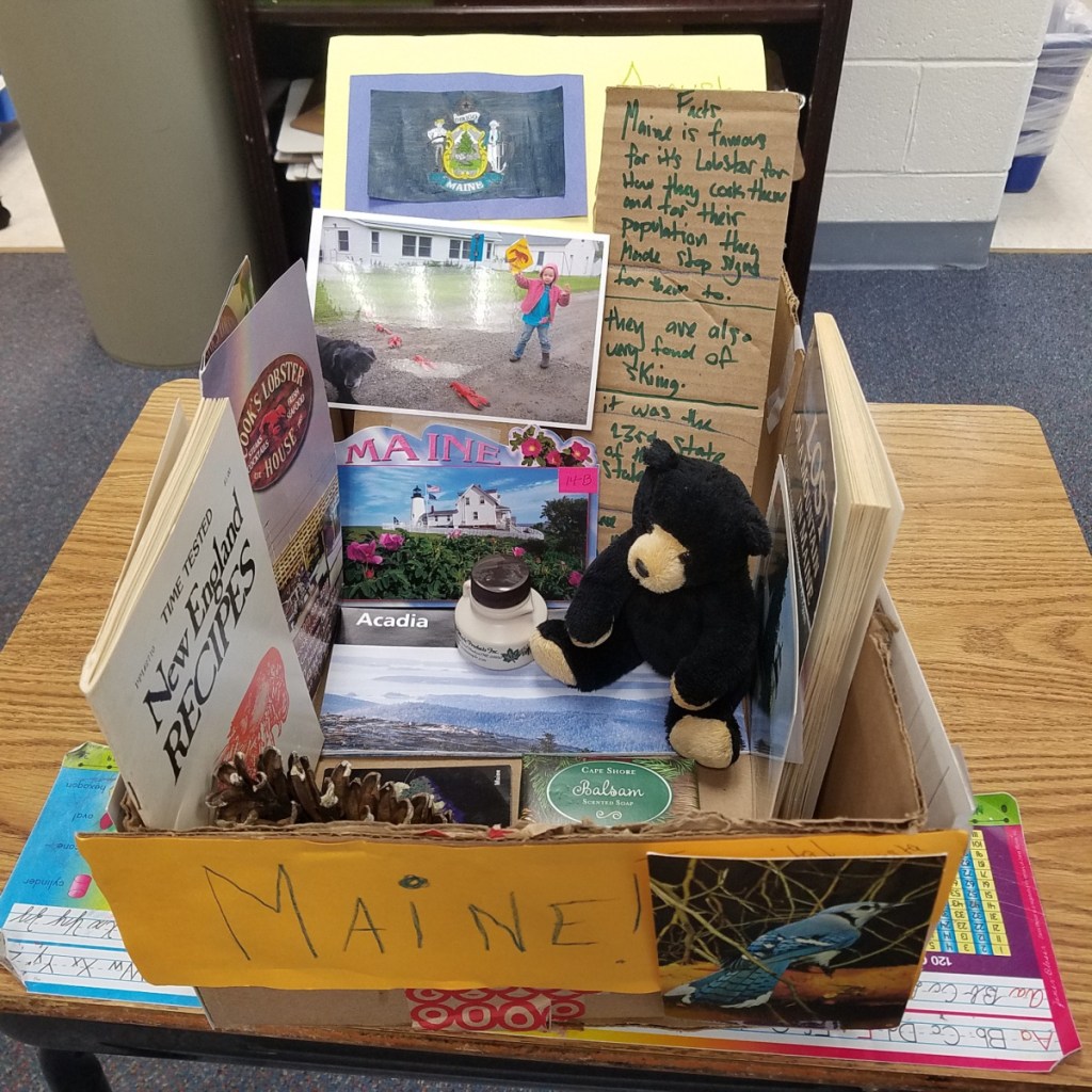 A picture of just some of the items received from Maine newspaper readers for a State Fair Float project done by third-grade students at the Langley School in McLean, Virginia.
