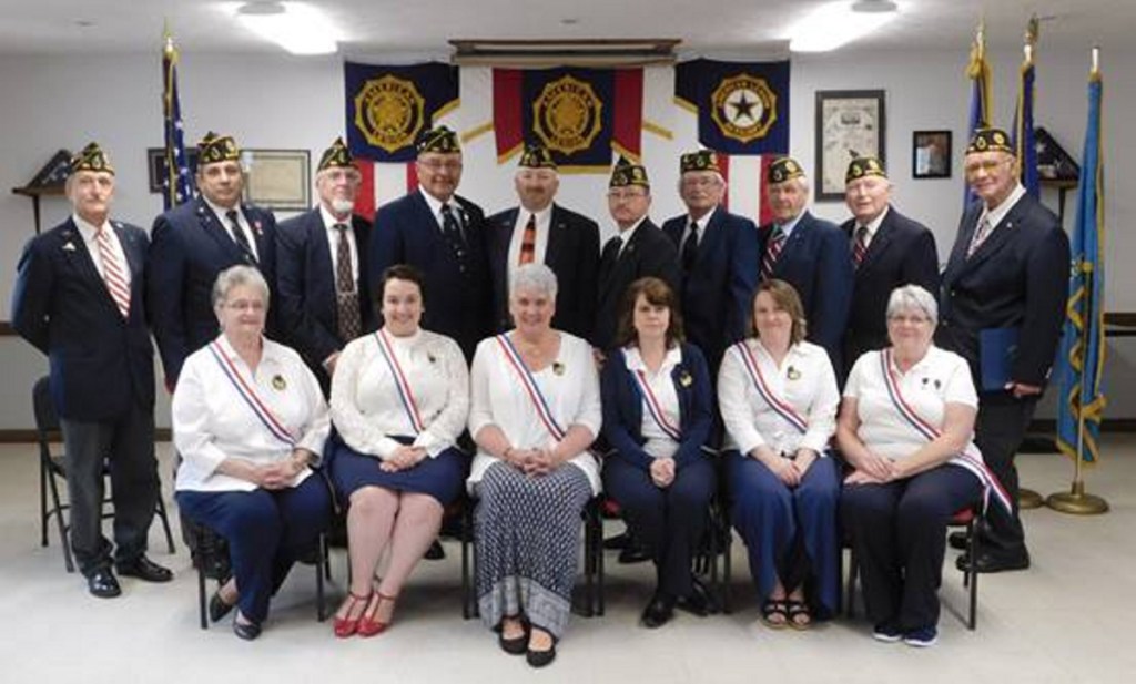2018-19 Unit 135 Auxiliary Officers, front from left are Joan Fournier, sergeant at arms; Jennifer Caron, first vice president; Denise Michaud, president; Debra Devoe, chaplain; Cheryl Shearer, second vice president; and Teresa Bradford, secretary/treasurer). 2018-2019 Post 135 Legion Officers, back from left are Jim Rancourt, adjutant; Amedeo Lauria, service officer; Anthony Culpovich, finance officer; Donald Caron, first vice commander; Joseph Michaud, commander; David Devoe, chaplain; Harvey Moses, sergeant-at-arms; Joe Tetreault, second vice commander; Gordon Smith, historian; and Dominic Santomango, Americanism officer.
