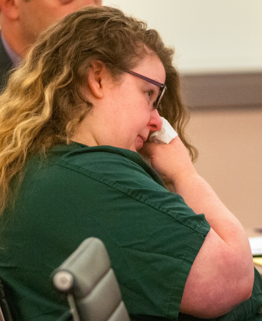 Sarah Conway wipes her eyes during a sentencing hearing Sept. 27, 2017, at the Capital Judicial Center in Augusta. She has appealed her conviction in a child sexual abuse case to the Maine Supreme Judicial Court.