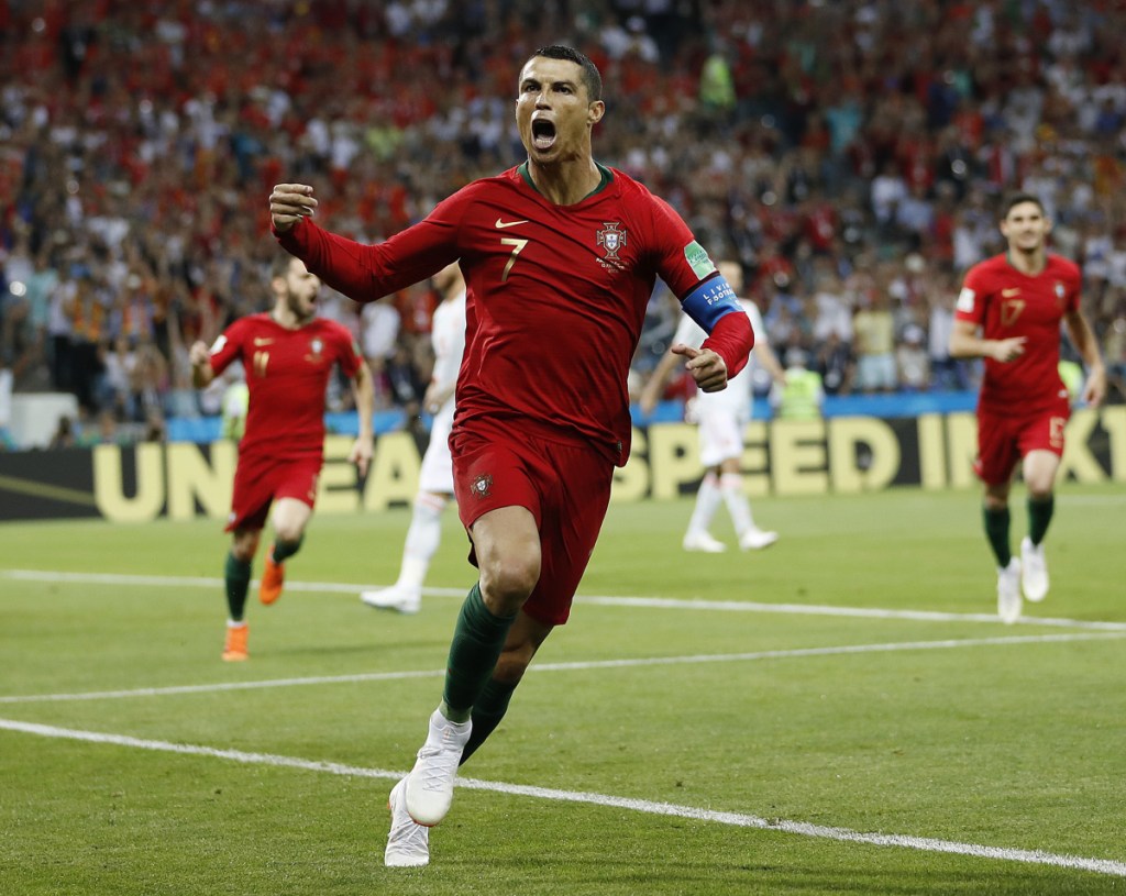 Portugal's Cristiano Ronaldo celebrates his side's opening goal during the Group B match against Spain at the 2018 World Cup on Friday in the Fisht Stadium in Sochi, Russia.