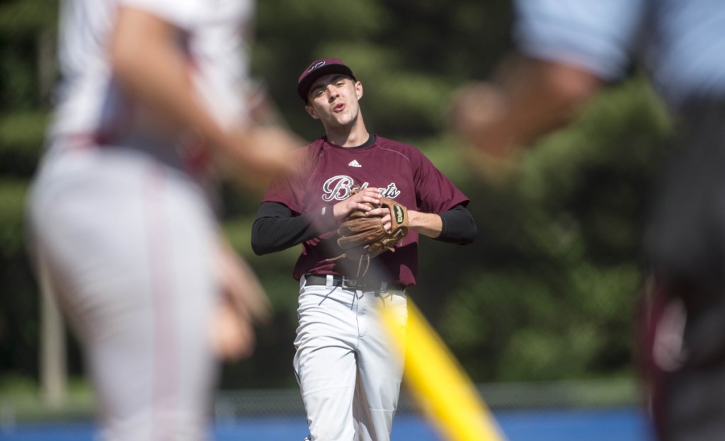 Richmond pitcher Zach Small shows some emotion during the Class D title game Saturday at Mansfield Stadium in Bangor. Small was nearly perfect, throwing a no-hitter in an 11-0 victory.