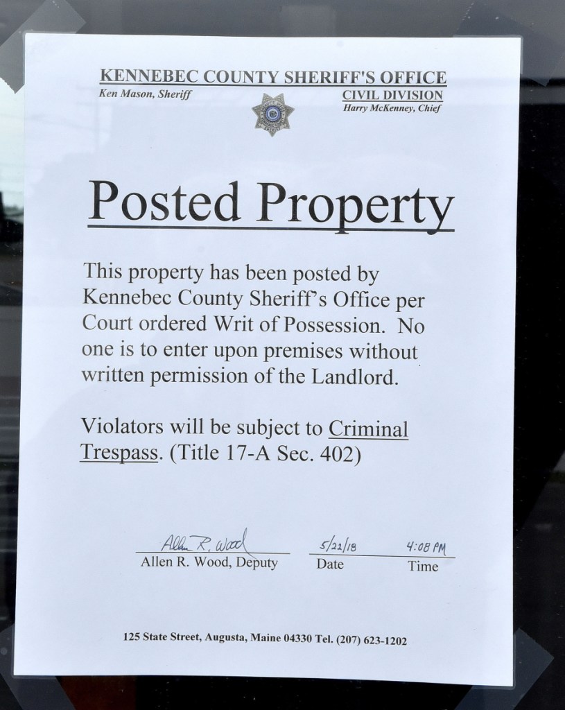 A writ of possession was posted by the Kennebec Sheriff's Office on the door of the Taco Bell restaurant on Upper Main Street in Waterville on May 22. The business remains closed as of Monday.