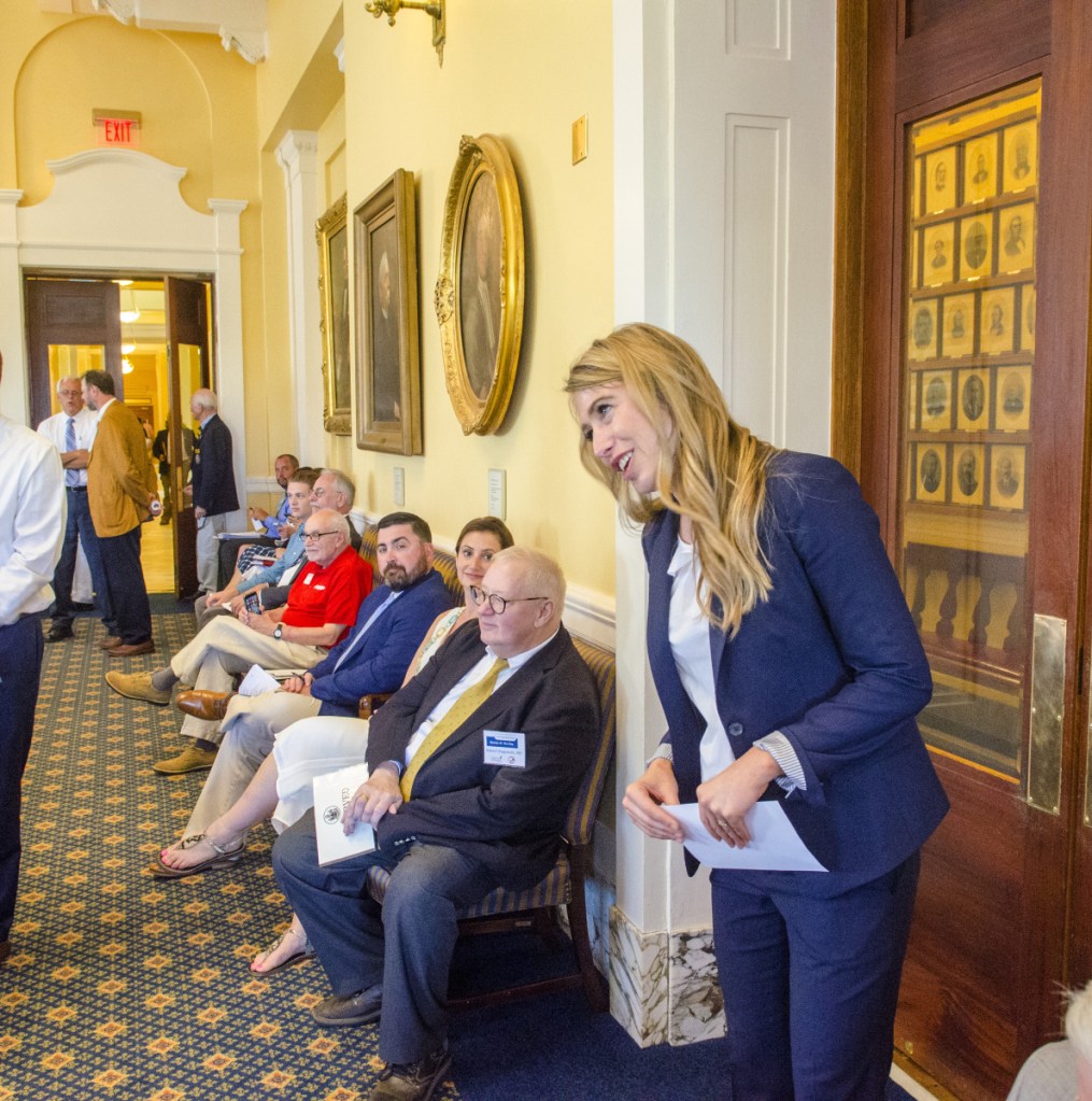 House Democratic Leader Rep. Erin Herbig, D-Freeport, delivers a message to the Senate saying that the House is in session on the opening morning of a special legislative session on Tuesday at the Maine State House in in Augusta. Part of the opening day ceremonies is that the two legislative bodies send members as messengers to each other and the governor's office announcing that they've convened.