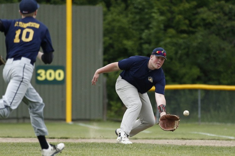 Augusta first baseman Cole Lockhart makes the play for an out against Gardiner during an American Legion baseball game last year in Augusta. Numbers are down in Legion across the state, as Maine will field just 18 teams this summer.