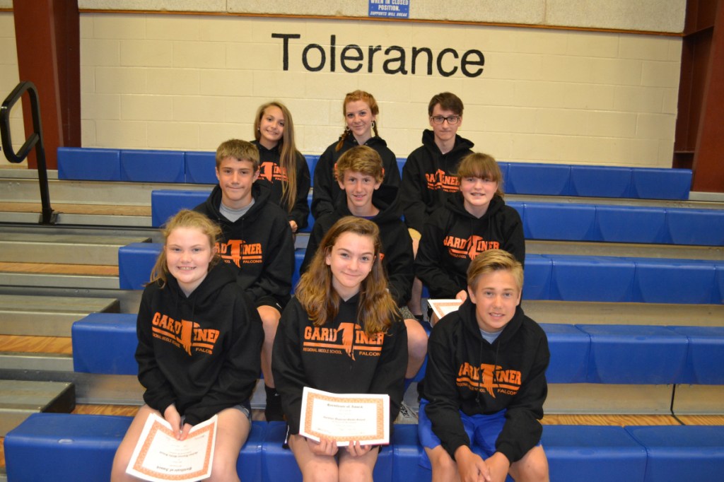 Gardiner Regional Middle School recently announced the following students were named its April, May and June Falcons of the Month. In front, from left are Allison Foust, Yana Montell and Gavin White. Middle row, from left are Wyatt Chadwick, Patrick Mansir and Emily Grady. In back, from left are Samantha Haskell, Grace Milliken and Hunter Mitchell.
