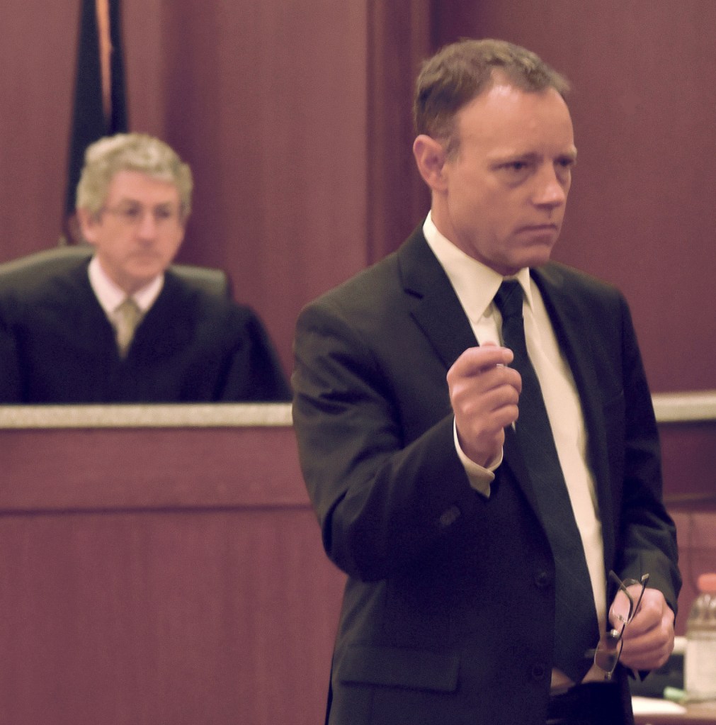 Assistant District Attorney Michael Madigan addresses the jury May 21 during the first day of Jeremy Clement's trial on charges of attempted murder in Kennebec County Superior Court. Behind Madigan is Justice William Stokes. Clement is scheduled to be sentenced Monday.