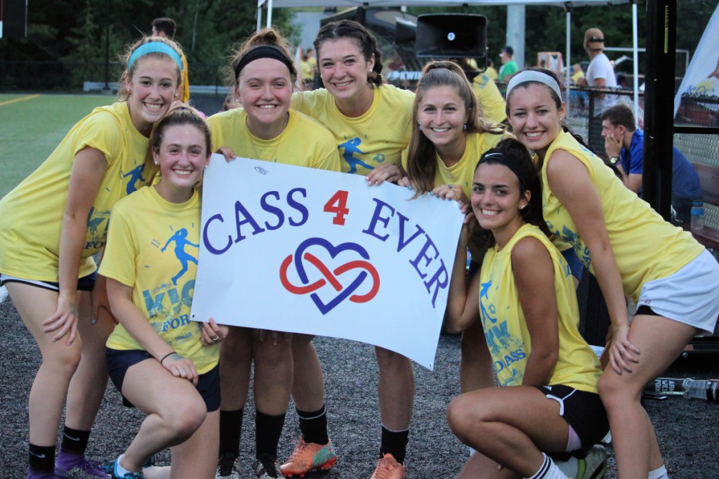 Former Central Maine United Premier Soccer teammates reunite to play in last year's Kick Around the Clock for Cass. The second annual 11-hour soccer event is schedule for July 15 on Smith Field at Thomas College in honor and memory of Cassidy Charette. Some of Charette's former teammates, pictured from the 2017 event, front from left, are Sammy Grandhal and Jordyn Jabar. In back, from left, are Emily Grandhal, Jordyn Labrie, Paige Smith, Eryn Doiron and Devin Fitzgibbons.