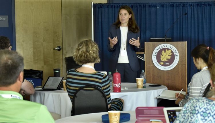 Mara Tieken, the keynote speaker Wednesday during a workshop of the Center for Innovation in Education Summer Institute at Thomas College in Waterville, addressed rural education and the challenges it faces with changing demographics.