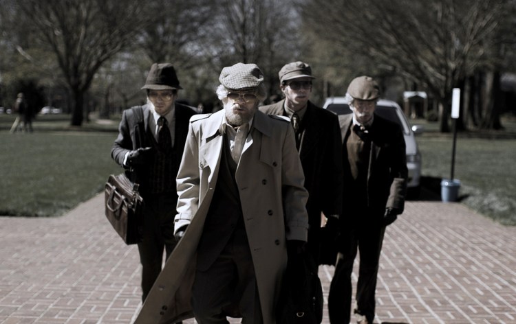 From left, the ineptly disguised Jared Abrahamson, Evan Peters, Blake Jenner and Barry Keoghan in "American Animals."