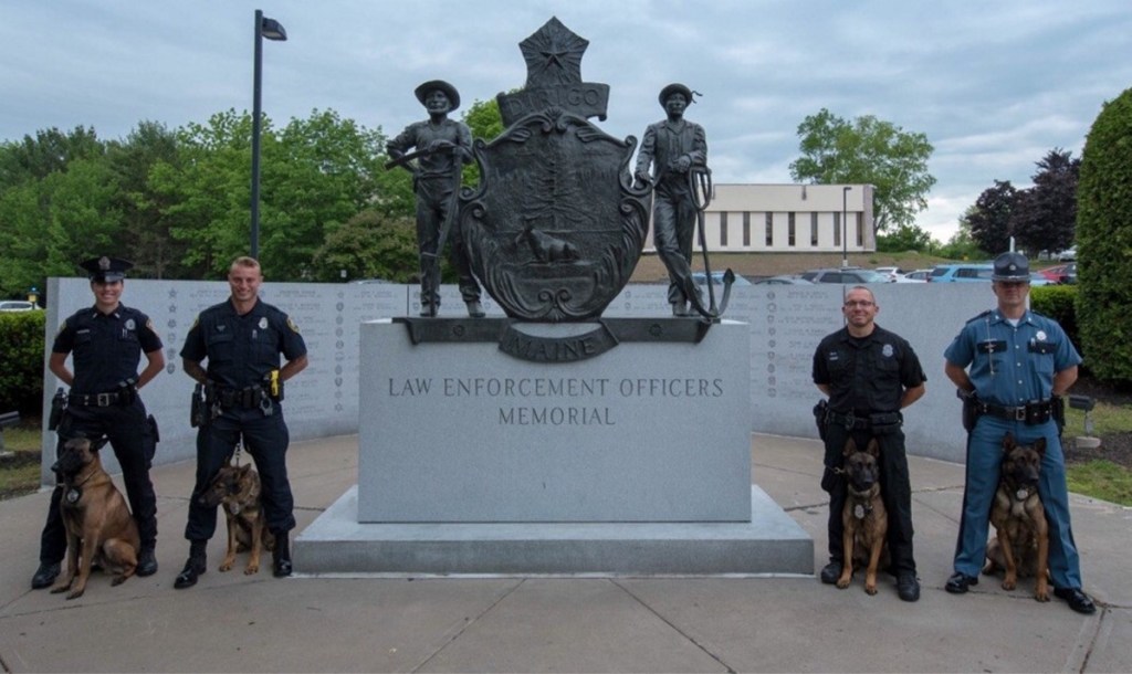 From left are Officer Katie Thurlow & K9 Creed, South Portland Police; Officer John Rogers & K9 Gunther, York Police; Corp. Troy Hood & K9 Murphy – Maine Department of Corrections; and Trooper G.J. Neagle & K9 Junior, State Police — Troop C.