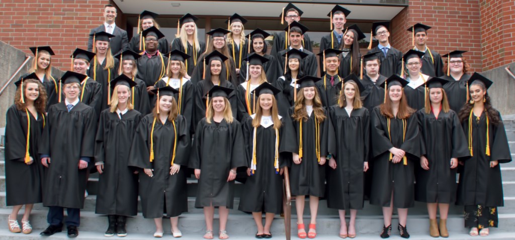 Maine Connections Academy 2018 graduates, front from left, are Abigail Roy, Christian Gagnon, Zoe Morey, Brianna McDonough, Machella Allen, Elisabeth Seliga, Taylor Vines, Elizabeth Curtis, Chloe Waugh, Emma Compton and Velstara Vardamis-Henry. Second row, from left, are Lilia Beal, Abagail Cress, Sumir Mahonen, Kyara Dawbin, Sarah Legere, Elizabeth Linnell, Ella Fields, Dylan DesFosses, Isaiah Audet, Alycia Jajliardo and Kassandra Isaac. Third row, from left, are Macayla Curato, Gavin Furrow-Casement, Allison Sprous, Sarah Levier, Seth Levier, Elexis DuBose, Benjamin MacLennan and Wyatt Howe. Fourth row, from left, are Principal Chad Strout, Abigail Mitchell, Emily Stone, Emily McNally, Peter Cornelio and Nolan DeMoranville.