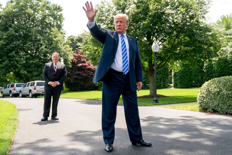 President Trump, accompanied by Secretary of State Mike Pompeo, speaks to members of the media on the South Lawn of the White House Friday. In addition to the legal battles, Trump's team and allies have waged a public relations campaign to discredit Robert Mueller's investigation and soften the impact of the special counsel's potential findings.