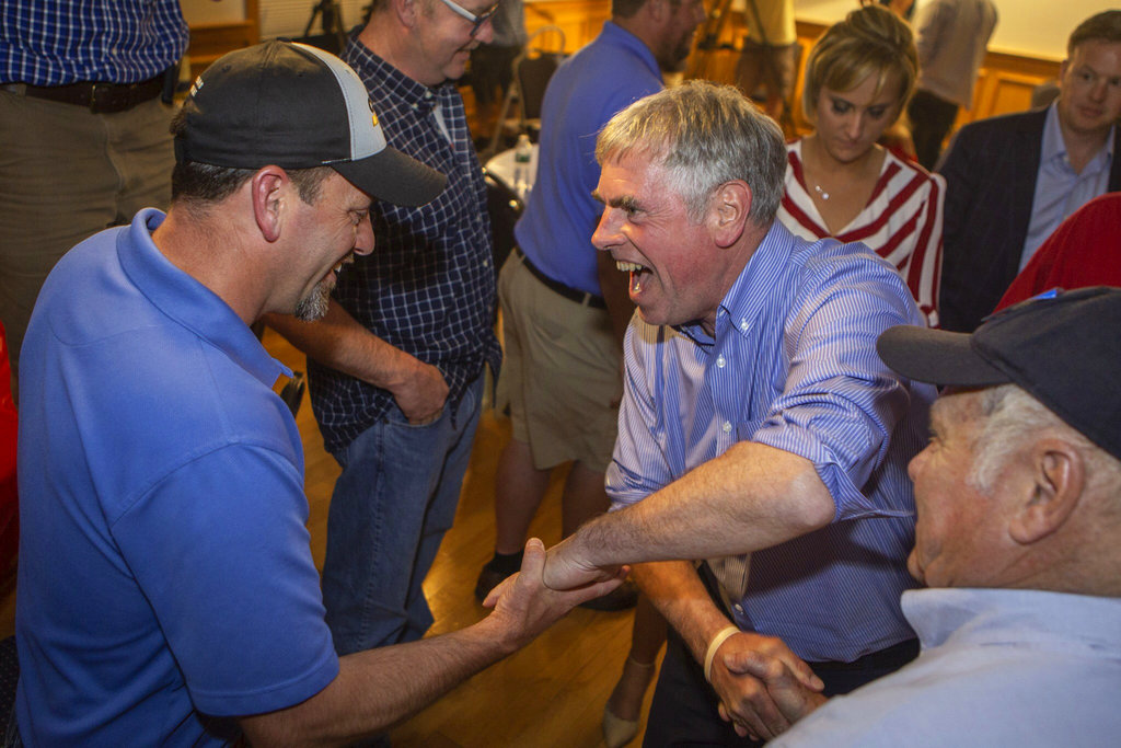 Maine Republican gubernatorial primary candidate Shawn Moody is congratulated by supporters  in Gorham.     
