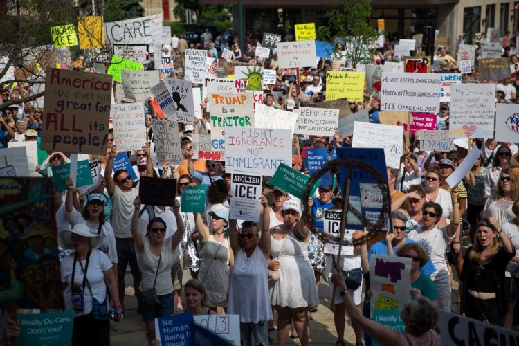 Thousands of protesters gathered at Portland's City Hall for the "Families Belong Together" rally, one of hundreds of similar events that were being held across the nation on Saturday, June 30, 2018.
