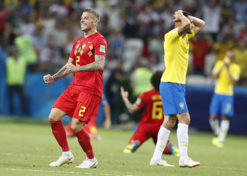 Belgium's Toby Alderweireld, left, celebrates his team's 2-1 win over Brazil in a World Cup quartefinal Friday in Kazan, Russia. Belgium advanced to play France on Tuesday.