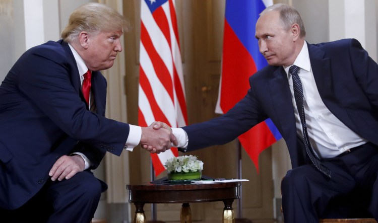 President Trump and Russian President Vladimir Putin shake hands at the beginning of a meeting at the Presidential Palace in Helsinki, Finland. Trump and Putin might have reached several agreements at their summit in Finland this week. Or, they may not have. 