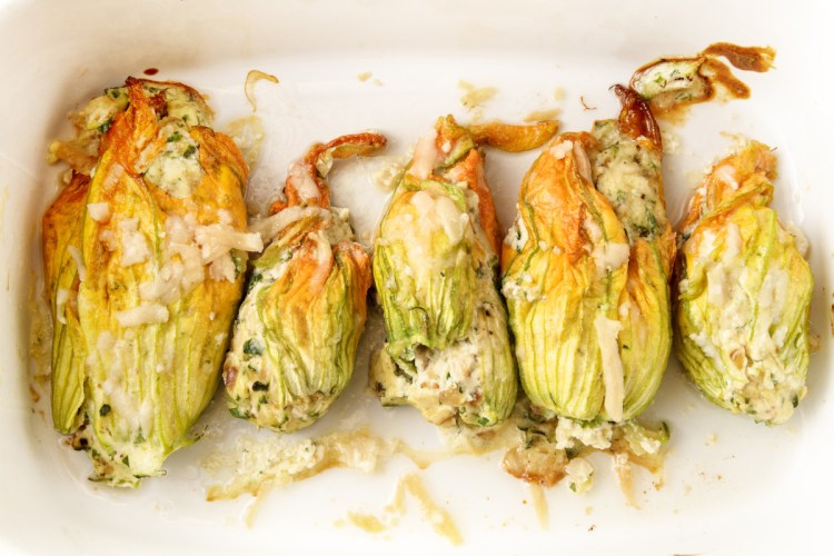 Zucchini blossoms stuffed with cheese and, in this instance, baked.