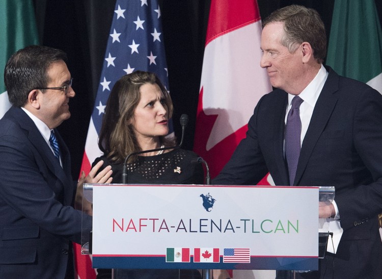 Canadian Minister of Foreign Affairs Chrystia Freeland with U.S. trade representative Robert Lighthizer, right, and Mexico's Secretary of Economy Ildefonso Guajardo Villarreal in Montreal on Jan. 29. Lighthizer is focusing on bilateral negotiations with Mexico.