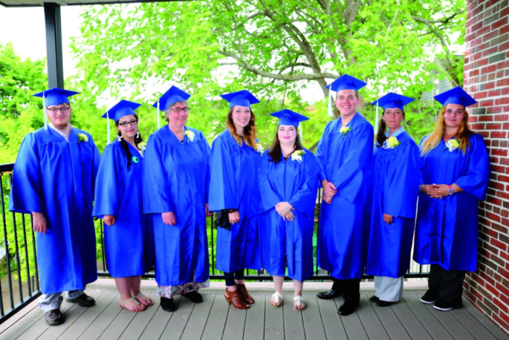 School Administrative District 11 Adult Education graduates, from left, are Joshua Croxford-Royce, Haylee Larrabee, Doreen French, Sarah Lund, Abigayle Haskell, Joseph Arsenault, Jane Linn and Gypsy Dow.
