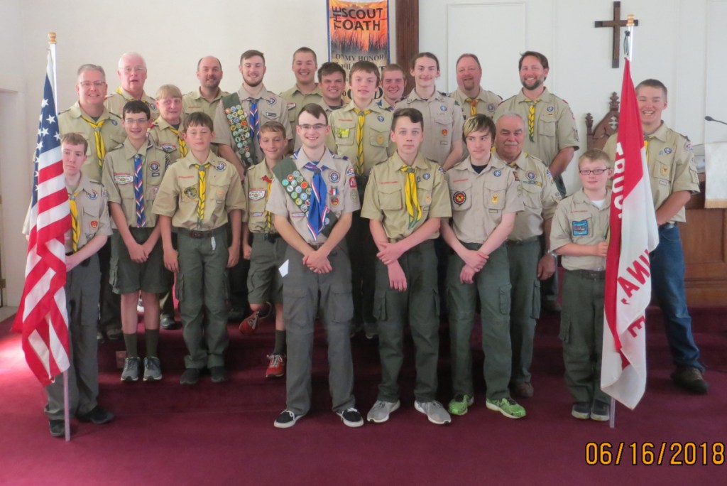 Front, from left, are Nick Shelton, Leader Tucker Leonard, Cole Corson, Michael Boostedt and Dylin Breton. Second row, from left, are Aiden Pettengill, Grayson Podey, Reny Pettengill and Leader Ron Emery. Third row, from left, are Leader Joe Shelton, Leader Priscilla Adams, Hunter Praul, Nivek Boostedt and Andrew Weymouth. Back row, from left, are Scoutmaster Scott Adams, Leader Darryl Praul, Madison Bodine, Curtis Weymouth, Misha Littlefield, Leader Christian Hunter, Leader Doug Leonard and Leader Aaron Podey.