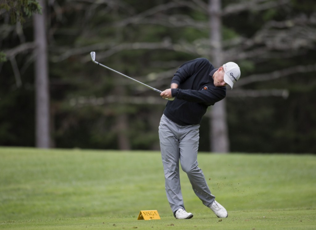 Jack Wyman hits the ball during the final round at the Maine Amateur last year at the Brunswick Golf Club. Wyman, of South Freeport, who plays out of the Portland Country Club, won the tournament and is back to defend his title beginning today at Belgrade Lakes Golf Club.