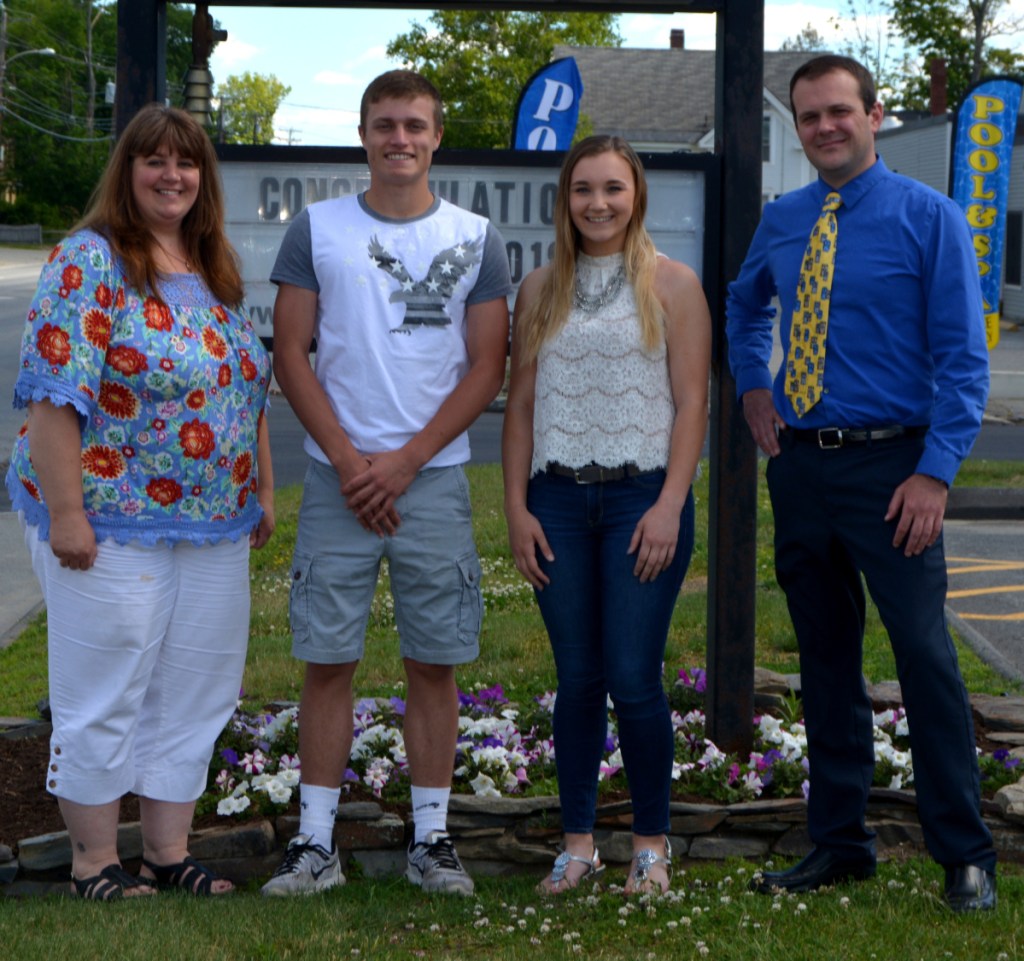 Central Maine area scholarships were awarded to Madison Area Memorial High School graduate Cavan Weggler, center left, and Carrabec High School graduate Melanie Clark, center right, with Franklin Savings Bank Assistant Manager Sherri Lewis, left, and Skowhegan Branch Manager Patrick Dore. Logan Malyk of Skowhegan High School was not available for the photograph.