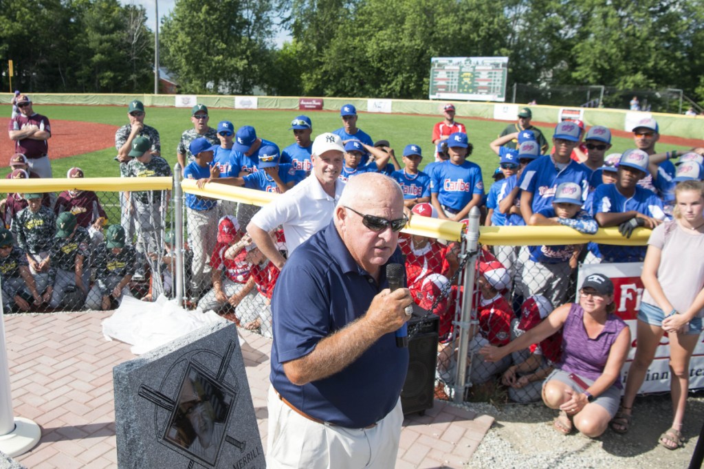 Former New York Yankees manager Stump Merrill talks to teams from around New England during opening ceremonies for the Cal Ripken 12U New England regional tournament Friday at Purnell Wrigley Field in Waterville.