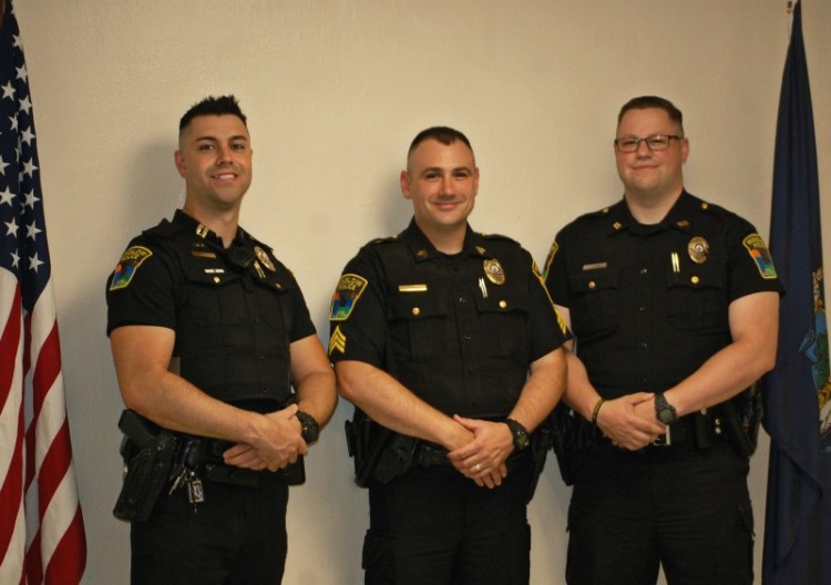 Winslow Police Department promoted officers, from left, are Capt. Haley Fleming, Patrol Sgt. Brad Hubert and Detective Alex Jones.