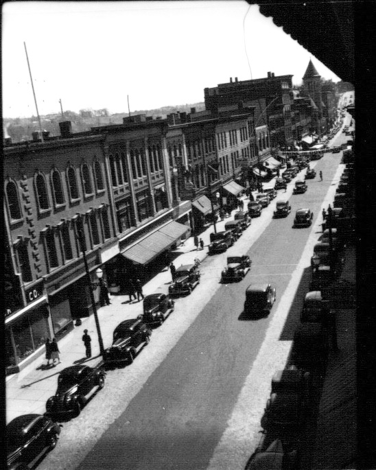 This view looking south on Water Street in Augusta was photographed about 1940, when traffic was two-way downtown. 