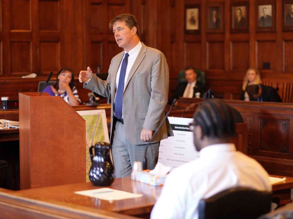 Jon Gale, attorney for David W. Marble Jr., addresses the jury during closing arguments Wednesday at the Cumberland County Courthouse in Portland. Marble, seen in the foreground, is on trial for two murder charges stemming from the Dec. 25, 2015, shooting deaths of Eric Williams and Bonnie Royer.