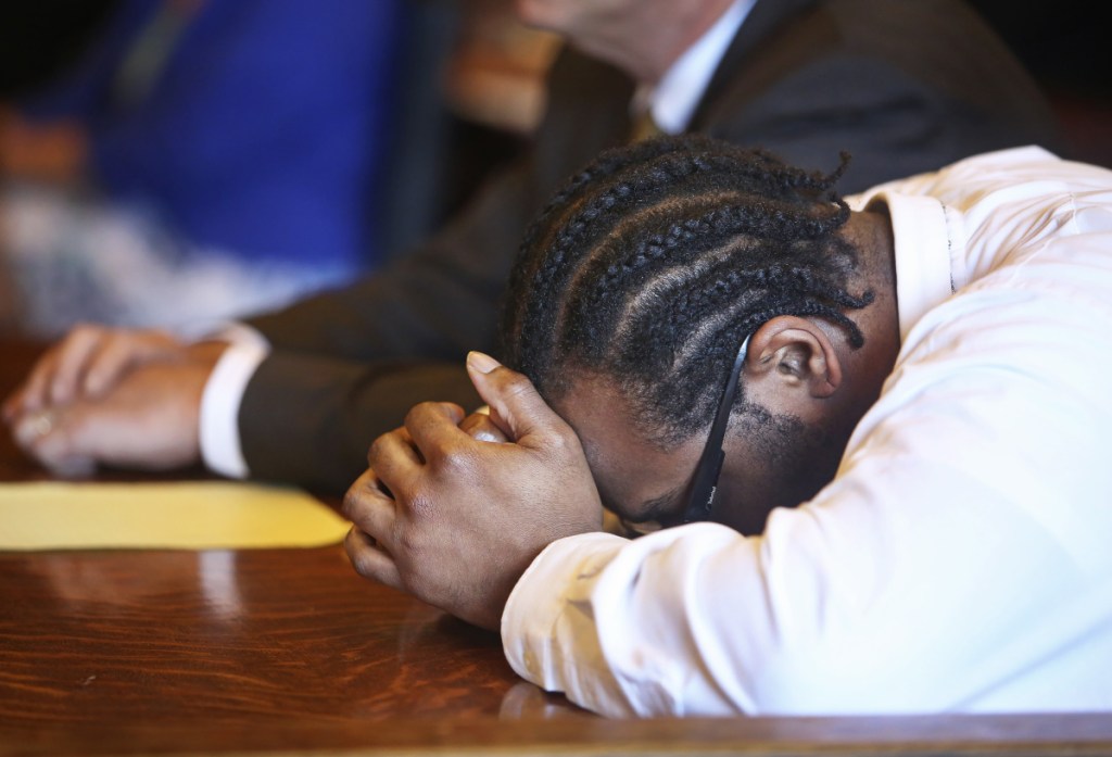 David W. Marble Jr. reacts Thursday as jurors read their guilty verdicts at the Cumberland County Courthouse in Portland. Marble was convicted of two murder charges stemming from the Dec. 25, 2015, shooting deaths of Eric Williams and Bonnie Royer, of Augusta.