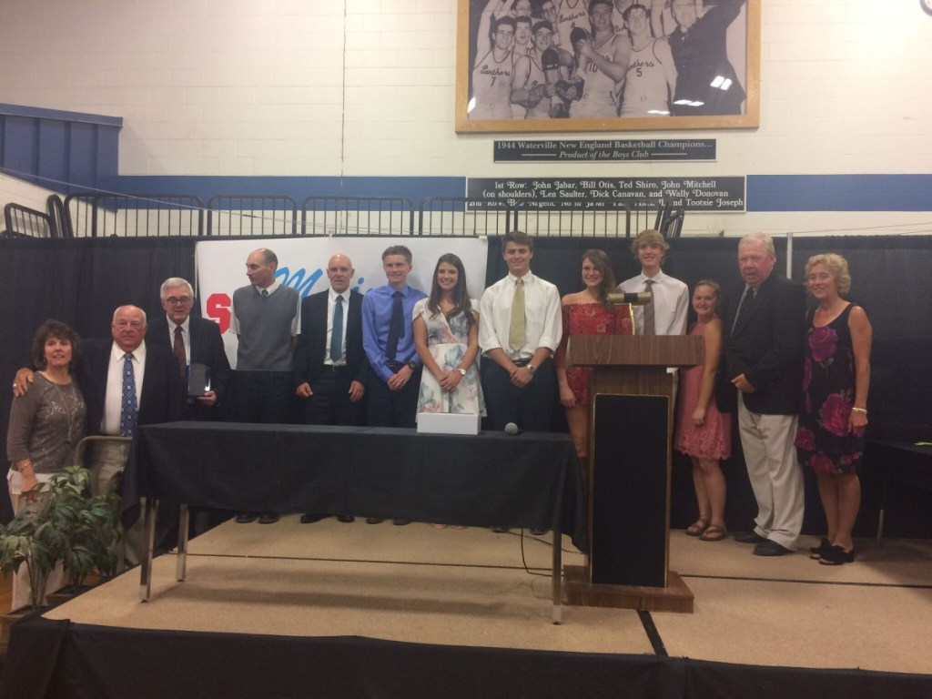 Maine Sports Legends honored six student athletes and seven inductees into its Legends' Hall of Honors on June 24 at the Alfond Youth Center in Waterville. The student athletes included Kiera-Caley Young, Soren Nyhus, Gabrielle Marquis, Evan Desmond, Gilleyanne Davis-Oakes and Connor DiAngelo. The Hall of Honors inductees included Donna Russo, Carl "Stump" Merrill, Mark Rossignol, John Habeeb, Richard Cormier, posthumous; Paul Soucy and Bernard "Mac" MacKenzie, posthumous. From left, are Beth Cormier, who accepted for her father, Richard Cormier; Merrill, Ken Mackenzie, who accepted for his father, Mac MacKenzie; Habeeb, Rossignol, Desmond, Marquis, DiAngelo, Davis-Oakes, Nyhus, Young, Paul Soucy and Russo.