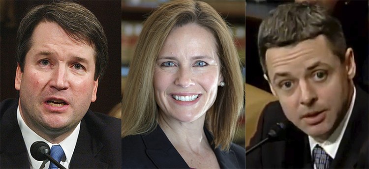 Supreme court finalists are reportedly, left to right,  federal appeals judges Brett Kavanaugh , Amy Coney Barrett and Raymond Kethledge