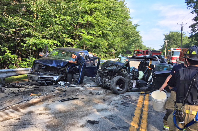 Scene of the multi-vehicle crash on Route 302 in Westbrook on Friday morning.
