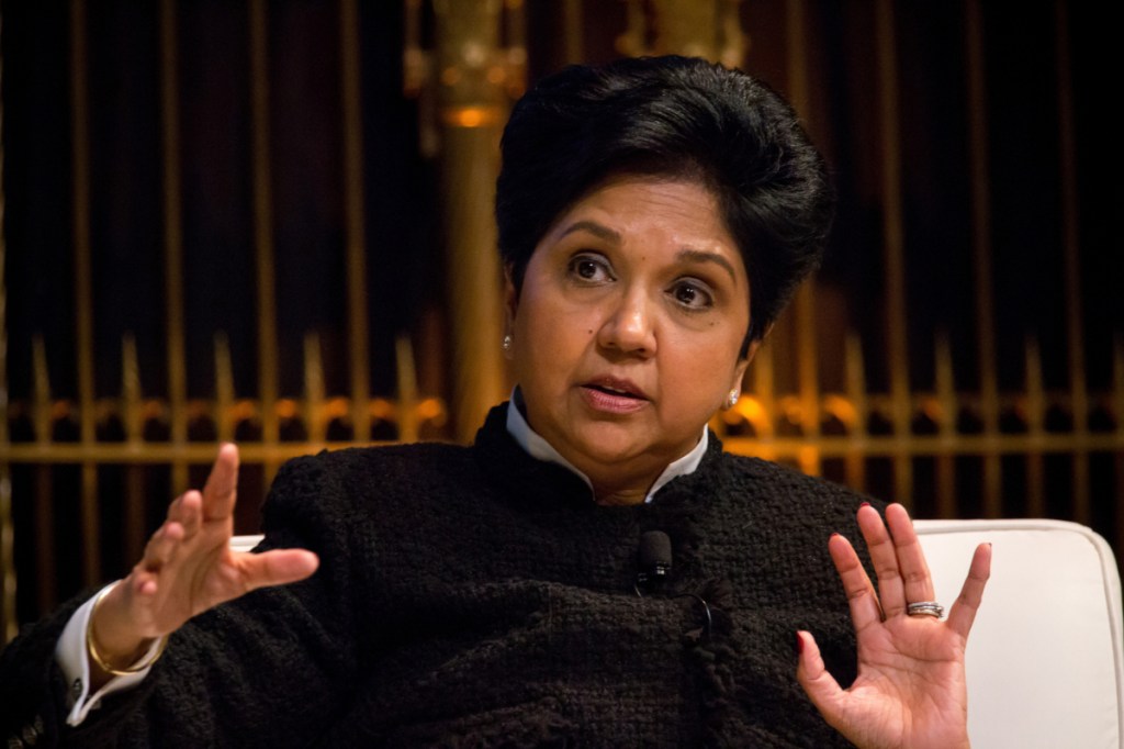 Bloomberg photo by Michael Nagle.
PepsiCo CEO Indra Nooyi speaks during the Saudi-U.S. CEO Forum in New York in March.