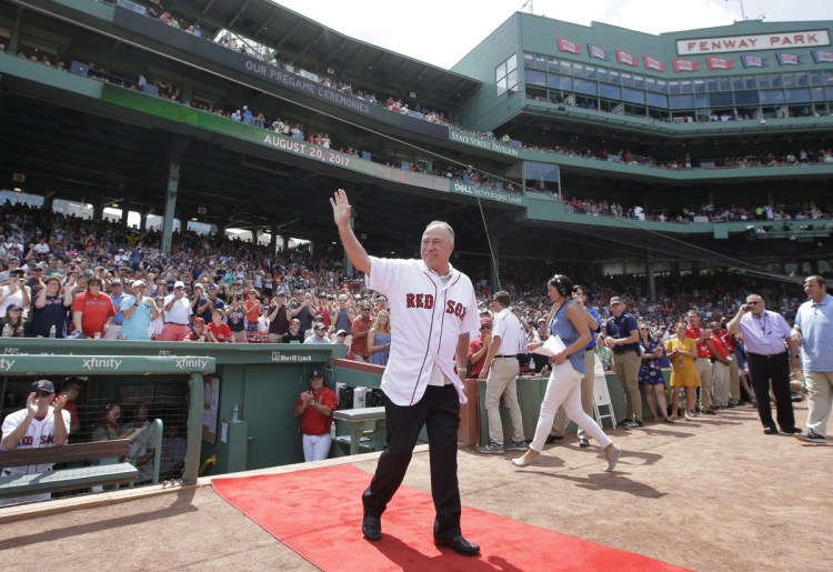 Boston Red Sox TV analyst Jerry Remy was honored for his 30 years in the broadcast booth before a game at Fenway Park in August 2017. (AP Photo/Steven Senne)