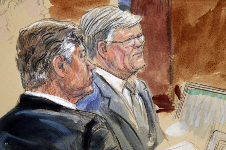 This courtroom sketch depicts former Donald Trump campaign chairman Paul Manafort, left, listening with his lawyer Kevin Downing to testimony from government witness Rick Gates as Manafort's trial continues at federal court in Alexandria, Va., on Tuesday.