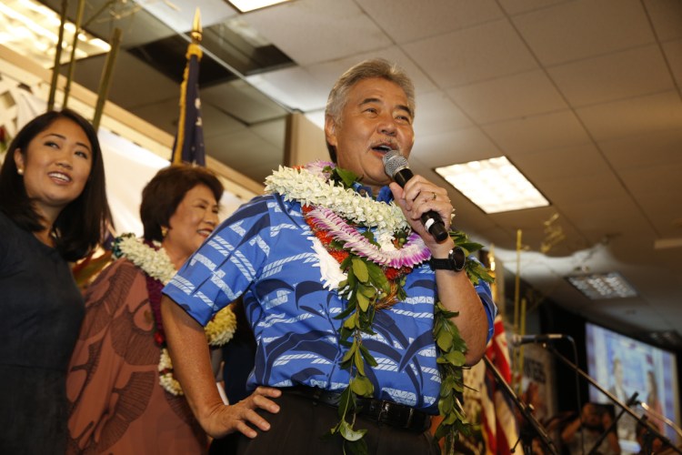 Associated Press/Marco Garcia
Hawaii Gov. David Ige speaks to supporters at his campaign headquarters, Saturday night in Honolulu.