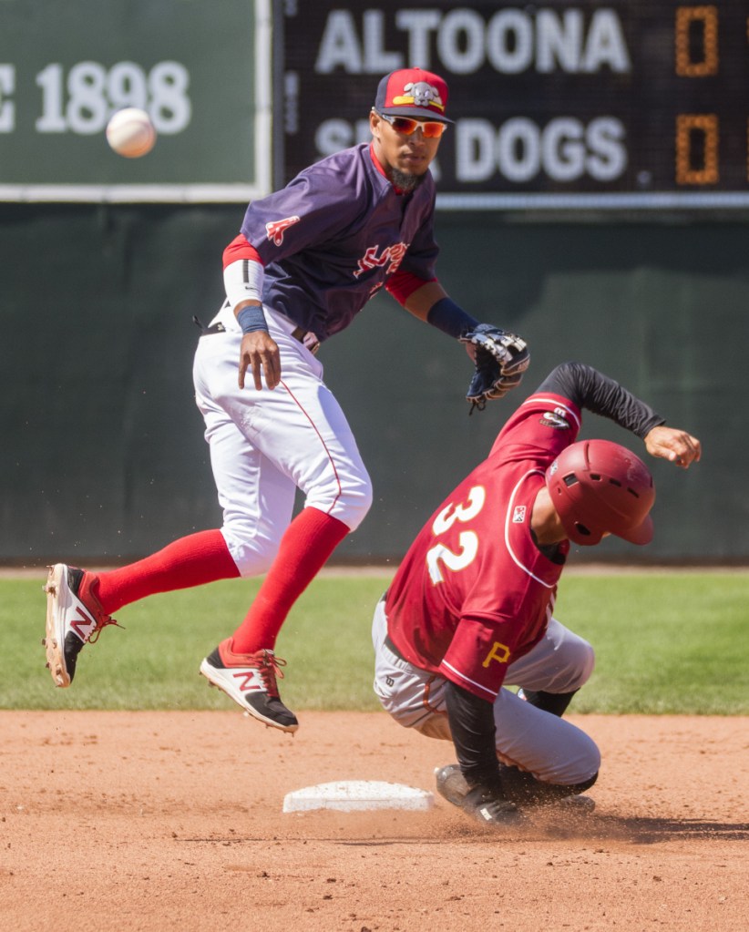 Second baseman Deiner Lopez of the Portland Sea Dogs watches his throw to first base to complete a double play Sunday after forcing out Tyler Gaffney of the Altoona Curve. Gaffney is a former New England Patriots running back. Altoona won 8-2 at Hadlock Field.